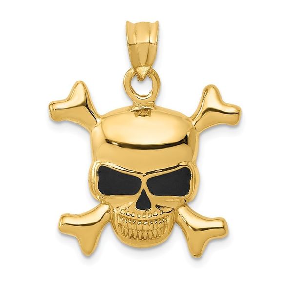 14k Yellow Gold Black Enameled Skull and Crossbones Necklace - 16 Inch